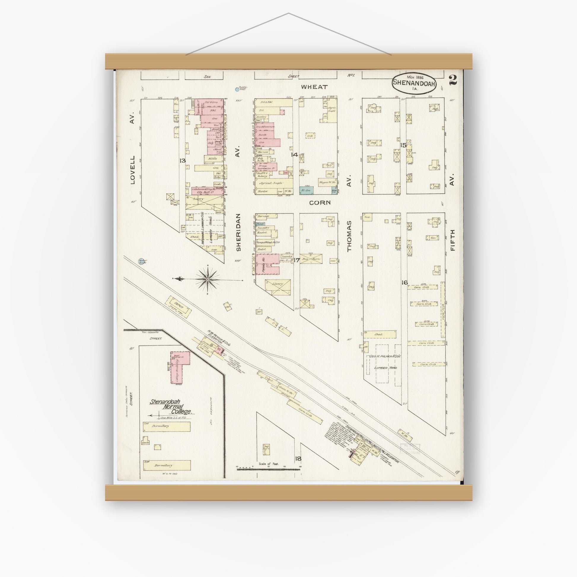 Old map wall art mockup — magnetic wood frame on white wall — Sanborn Fire Insurance Map from Shenandoah, Page County, Iowa (1886), Sheet #0002