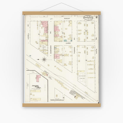 Old map wall art mockup — magnetic wood frame on white wall — Sanborn Fire Insurance Map from Shenandoah, Page County, Iowa (1886), Sheet #0002