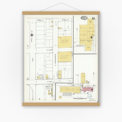 Old map wall art mockup — magnetic wood frame on white wall — Sanborn Fire Insurance Map from McKinney, Collin County, Texas (1920), Sheet #0015
