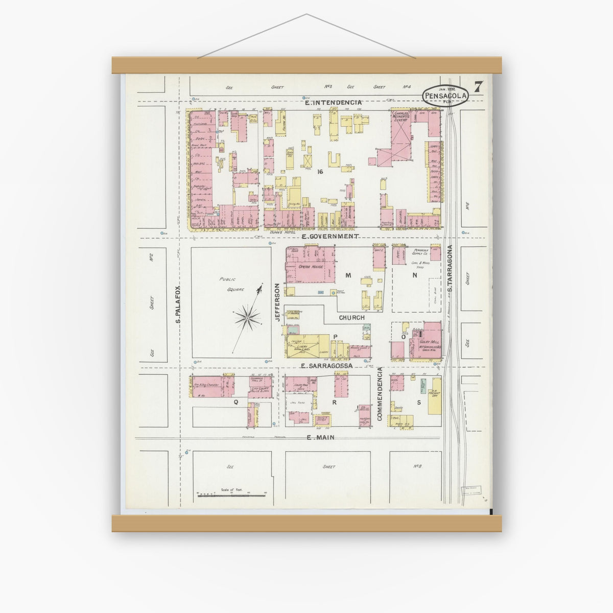 Old map wall art mockup — magnetic wood frame on white wall — Sanborn Fire Insurance Map from Pensacola, Escambia County, Florida (1892), Sheet #0007