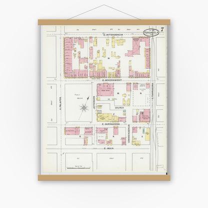 Old map wall art mockup — magnetic wood frame on white wall — Sanborn Fire Insurance Map from Pensacola, Escambia County, Florida (1892), Sheet #0007