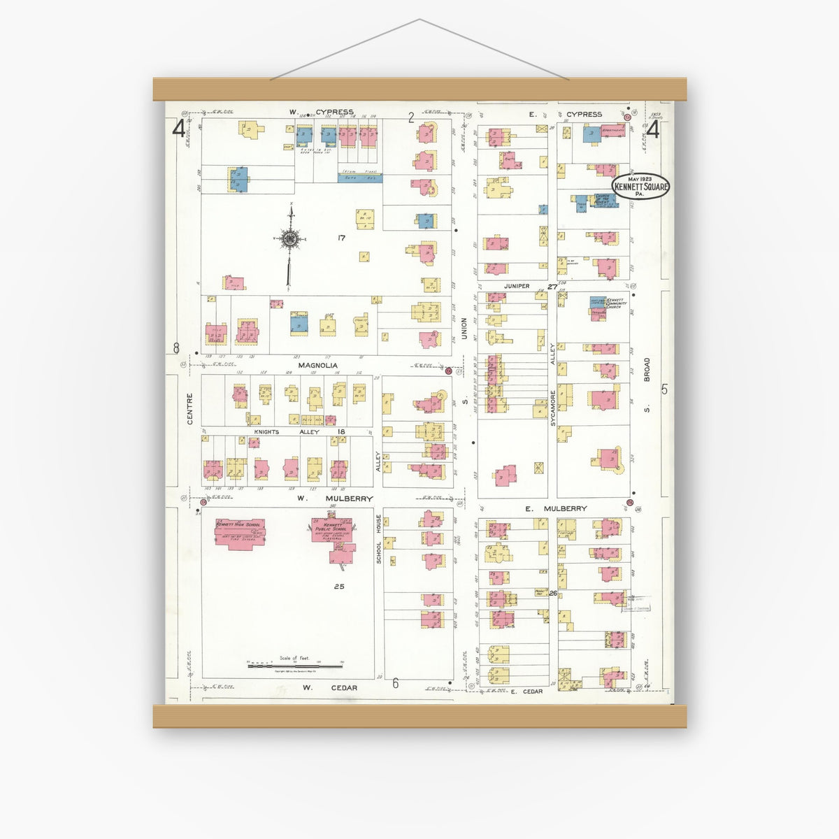 Old map wall art mockup — magnetic wood frame on white wall — Sanborn Fire Insurance Map from Kennett Square, Chester County, Pennsylvania (1923), Sheet #0004