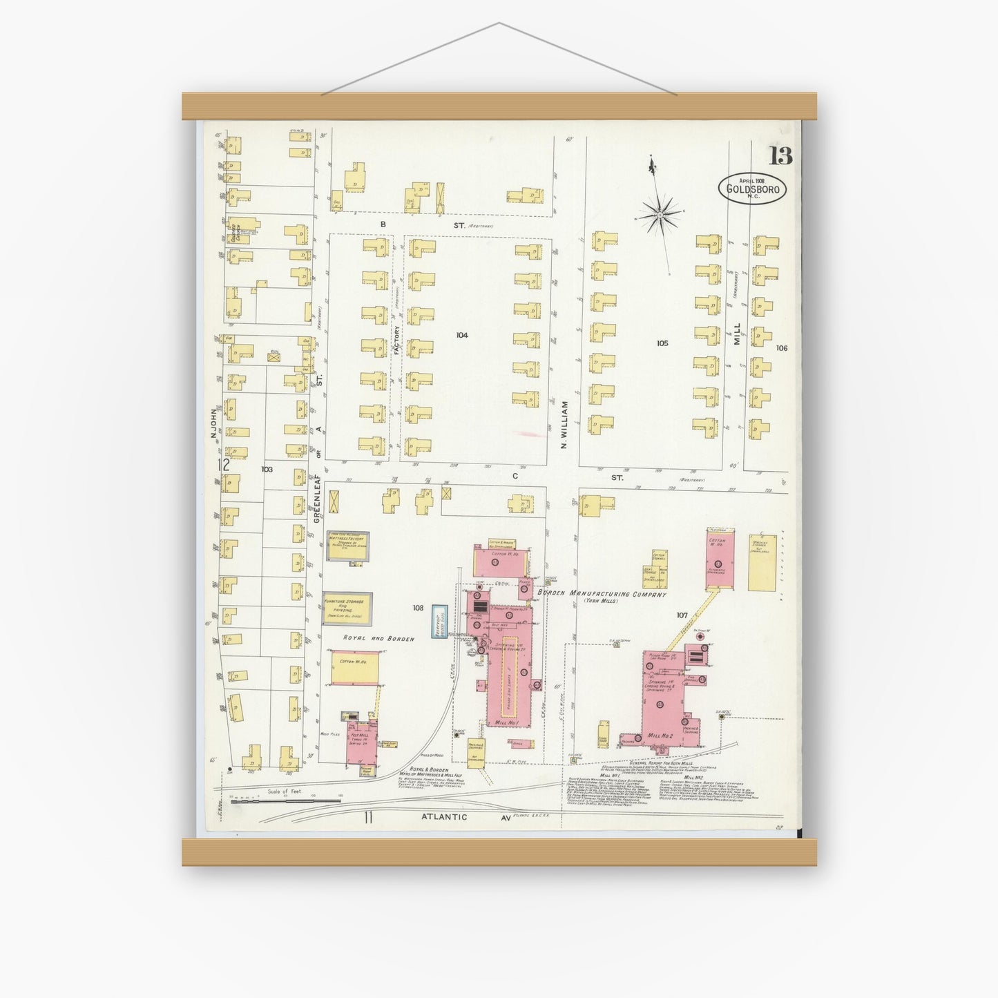 Old map wall art mockup — magnetic wood frame on white wall — Sanborn Fire Insurance Map from Goldsboro, Wayne County, North Carolina (1908), Sheet #0013