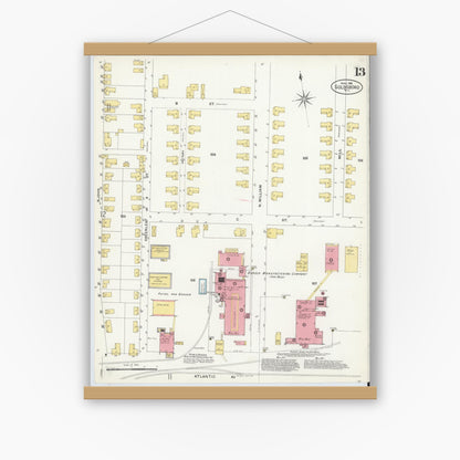 Old map wall art mockup — magnetic wood frame on white wall — Sanborn Fire Insurance Map from Goldsboro, Wayne County, North Carolina (1908), Sheet #0013