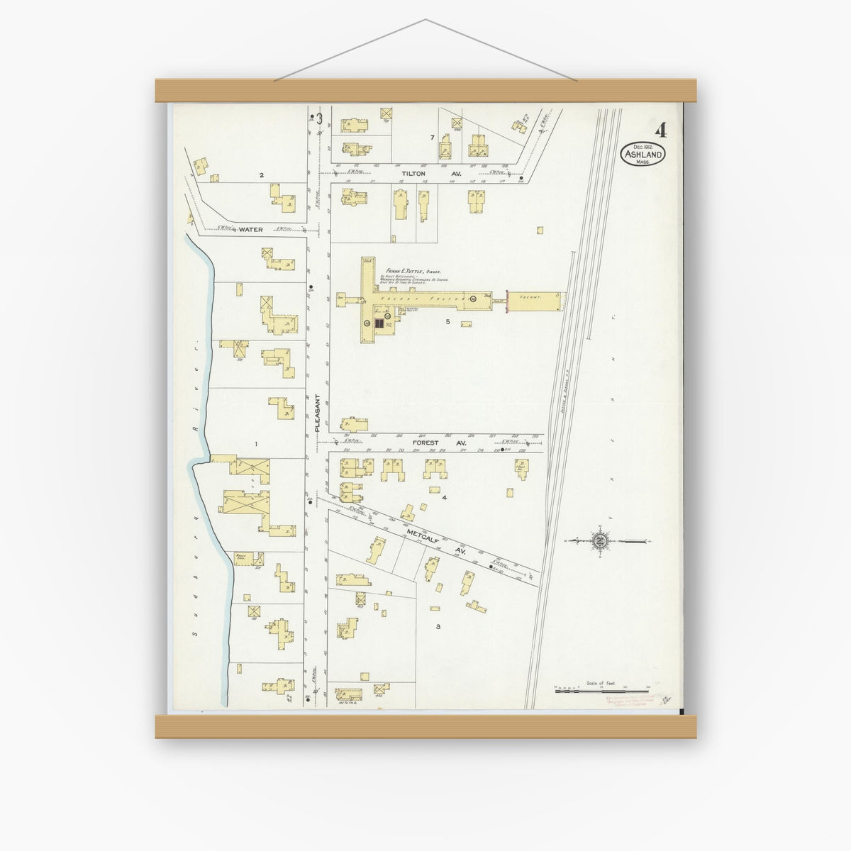 Old map wall art mockup — magnetic wood frame on white wall — Sanborn Fire Insurance Map from Ashland, Middlesex County, Massachusetts (1912), Sheet #0004