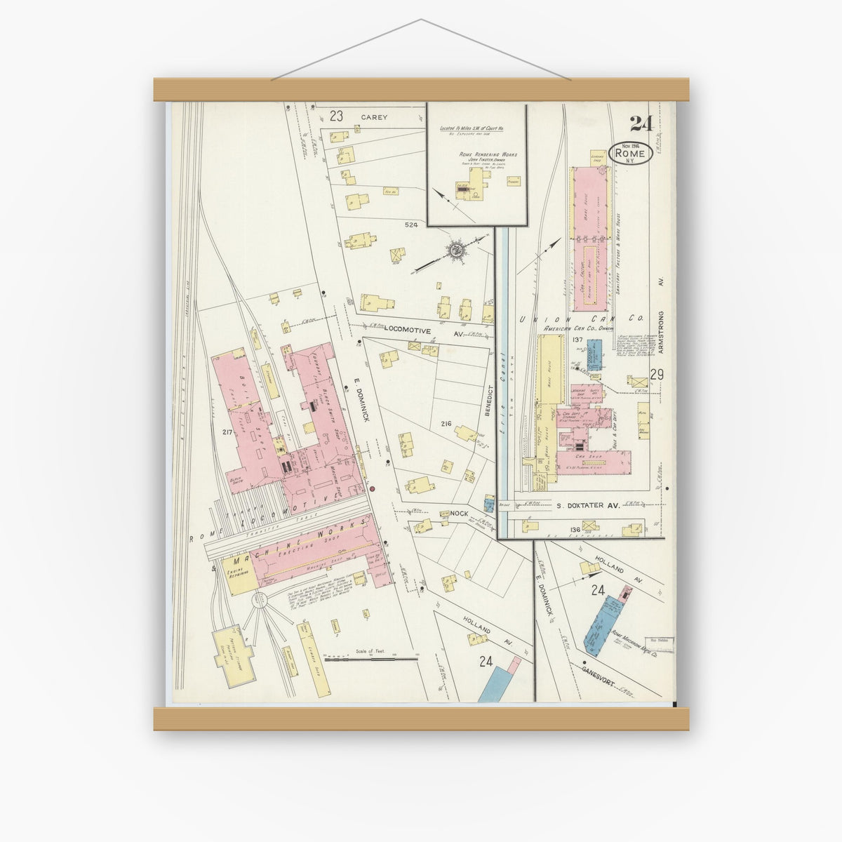 Old map wall art mockup — magnetic wood frame on white wall — Sanborn Fire Insurance Map from Rome, Oneida County, New York (1914), Sheet #0024