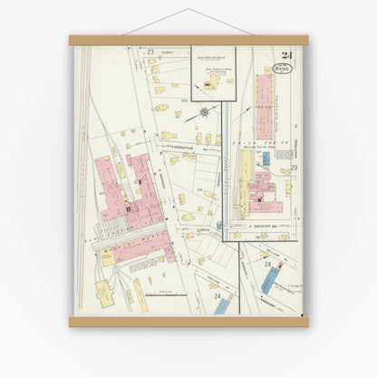 Old map wall art mockup — magnetic wood frame on white wall — Sanborn Fire Insurance Map from Rome, Oneida County, New York (1914), Sheet #0024