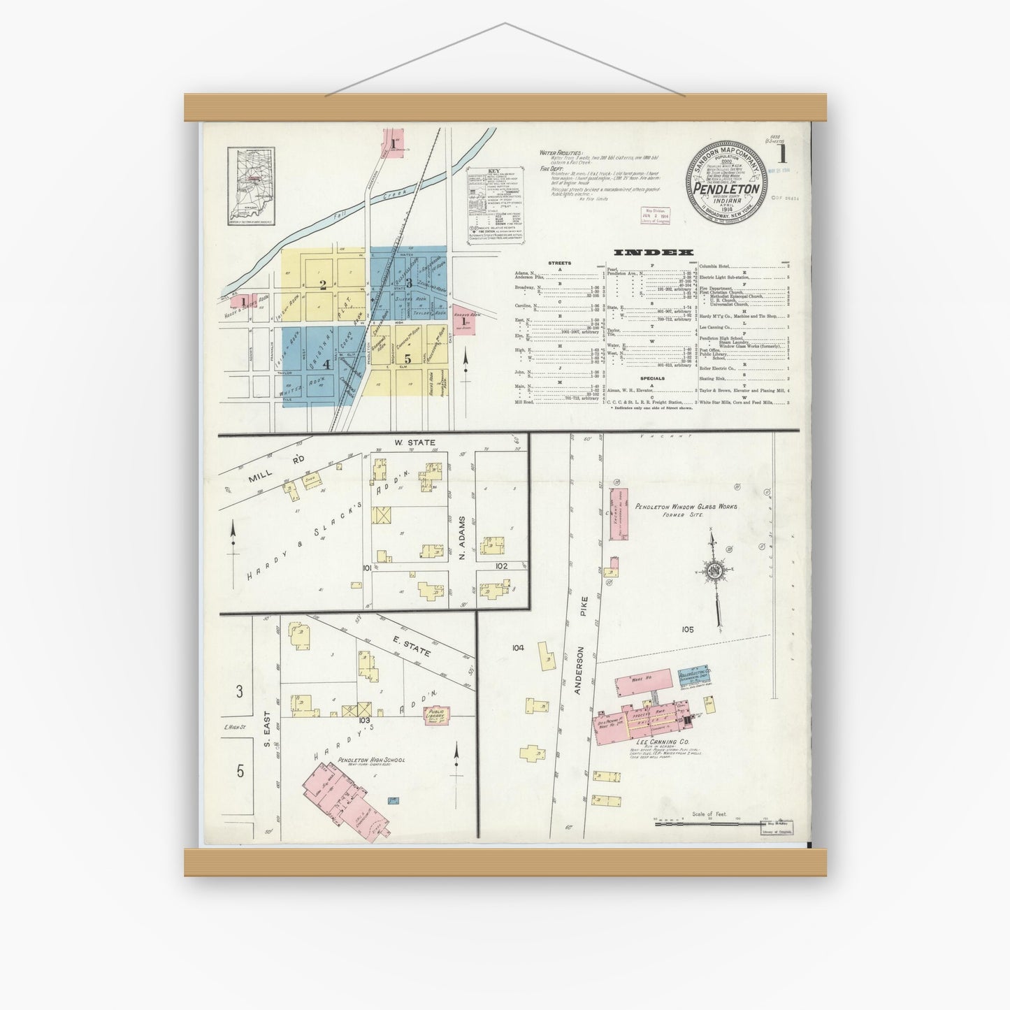 Old map wall art mockup — magnetic wood frame on white wall — Sanborn Fire Insurance Map from Pendleton, Madison County, Indiana (1914) - Complete Map Set