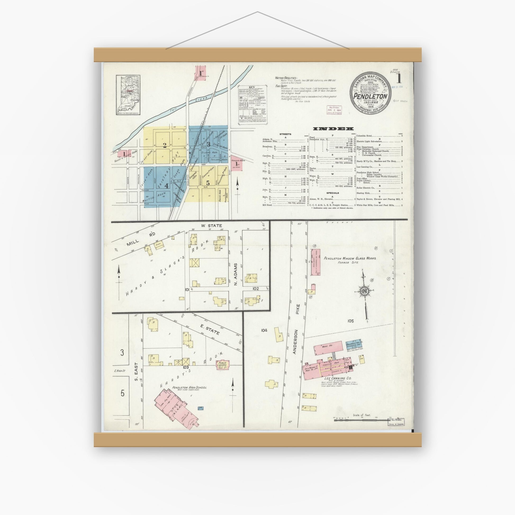 Old map wall art mockup — magnetic wood frame on white wall — Sanborn Fire Insurance Map from Pendleton, Madison County, Indiana (1914) - Complete Map Set