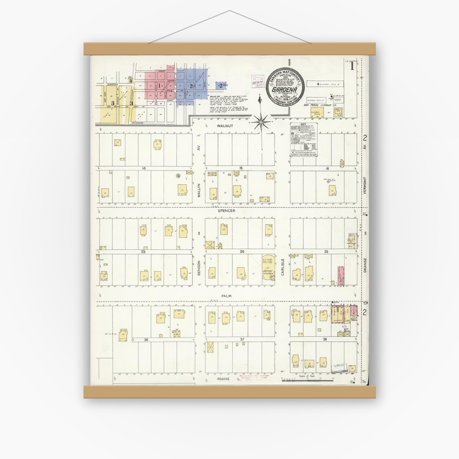 Old map wall art mockup — magnetic wood frame on white wall — Sanborn Fire Insurance Map from Gardena, Los Angeles County, California (1908), Sheet #0001