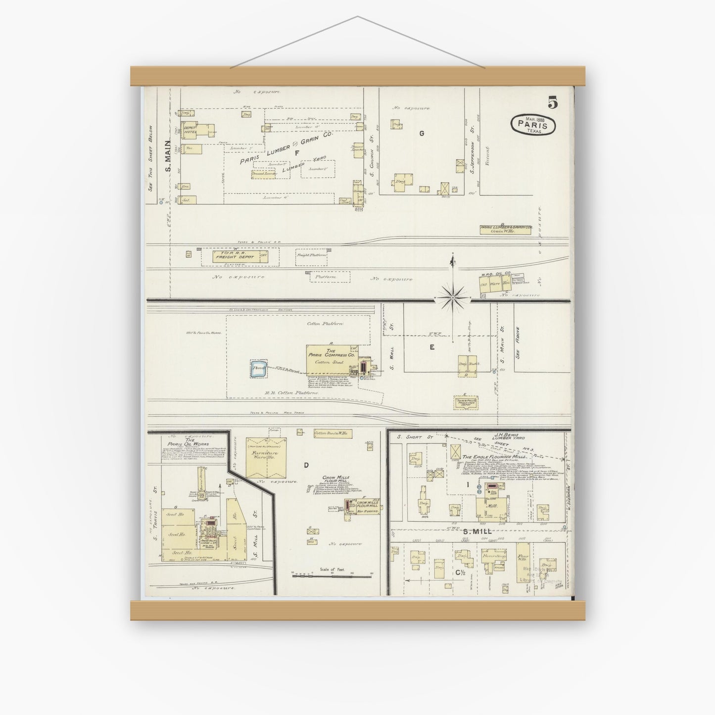 Old map wall art mockup — magnetic wood frame on white wall — Sanborn Fire Insurance Map from Paris, Lamar County, Texas (1888), Sheet #0005