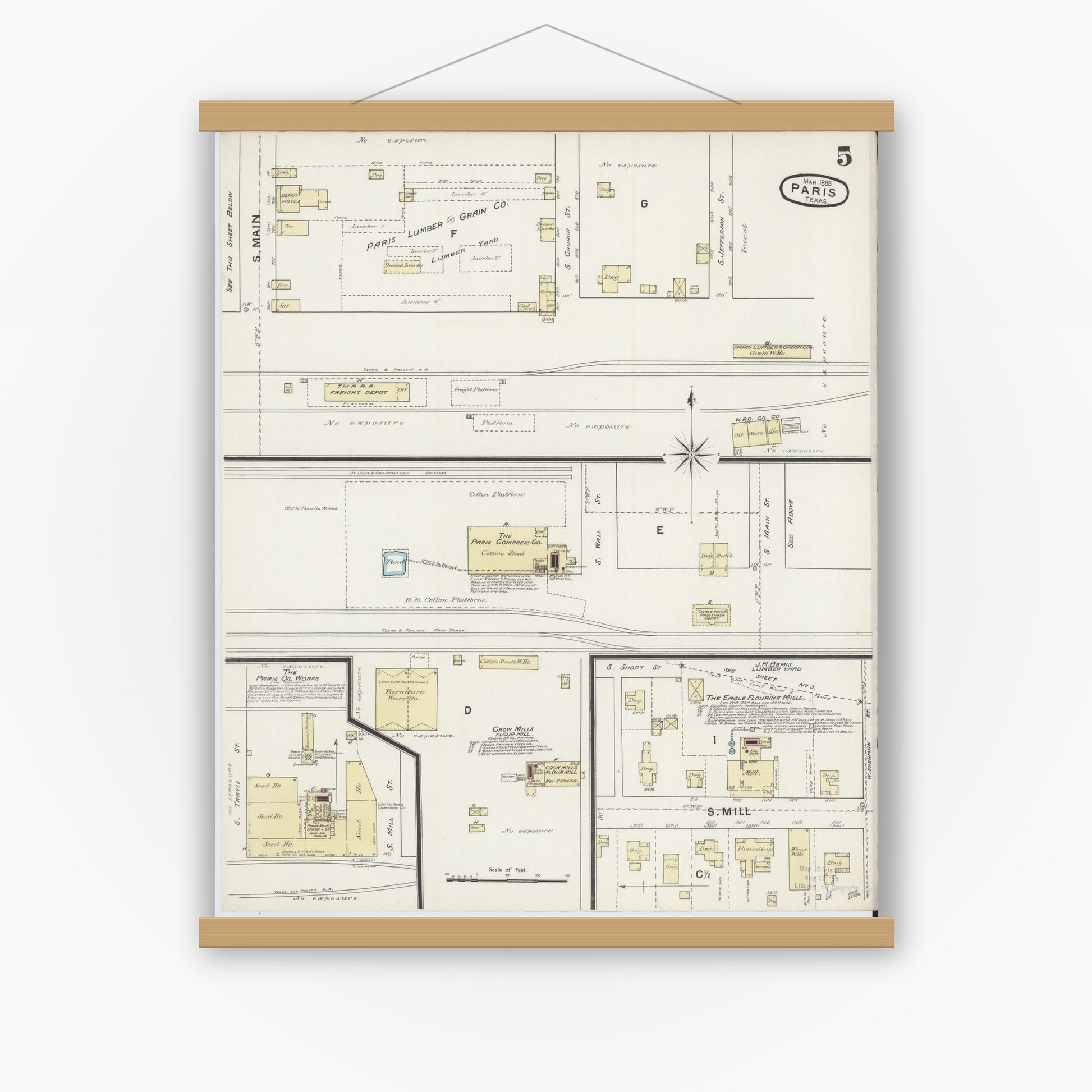 Old map wall art mockup — magnetic wood frame on white wall — Sanborn Fire Insurance Map from Paris, Lamar County, Texas (1888), Sheet #0005