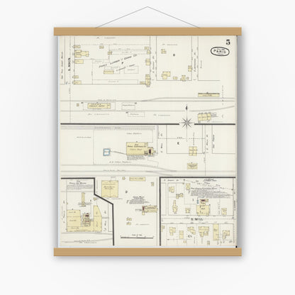 Old map wall art mockup — magnetic wood frame on white wall — Sanborn Fire Insurance Map from Paris, Lamar County, Texas (1888), Sheet #0005