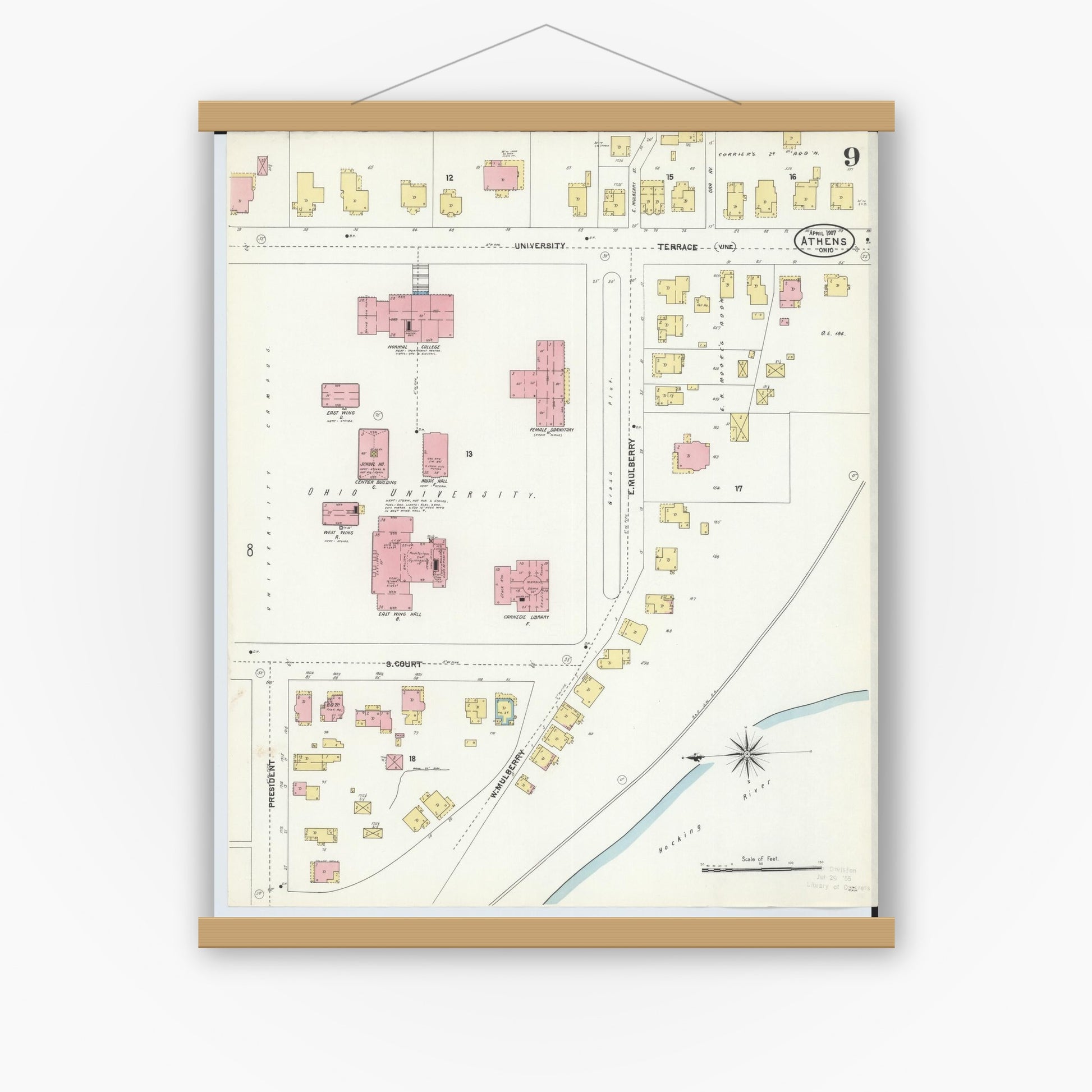 Old map wall art mockup — magnetic wood frame on white wall — Sanborn Fire Insurance Map from Athens, Athens County, Ohio (1907), Sheet #0009