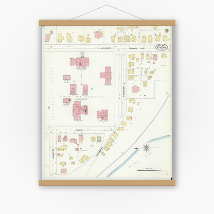 Old map wall art mockup — magnetic wood frame on white wall — Sanborn Fire Insurance Map from Athens, Athens County, Ohio (1907), Sheet #0009