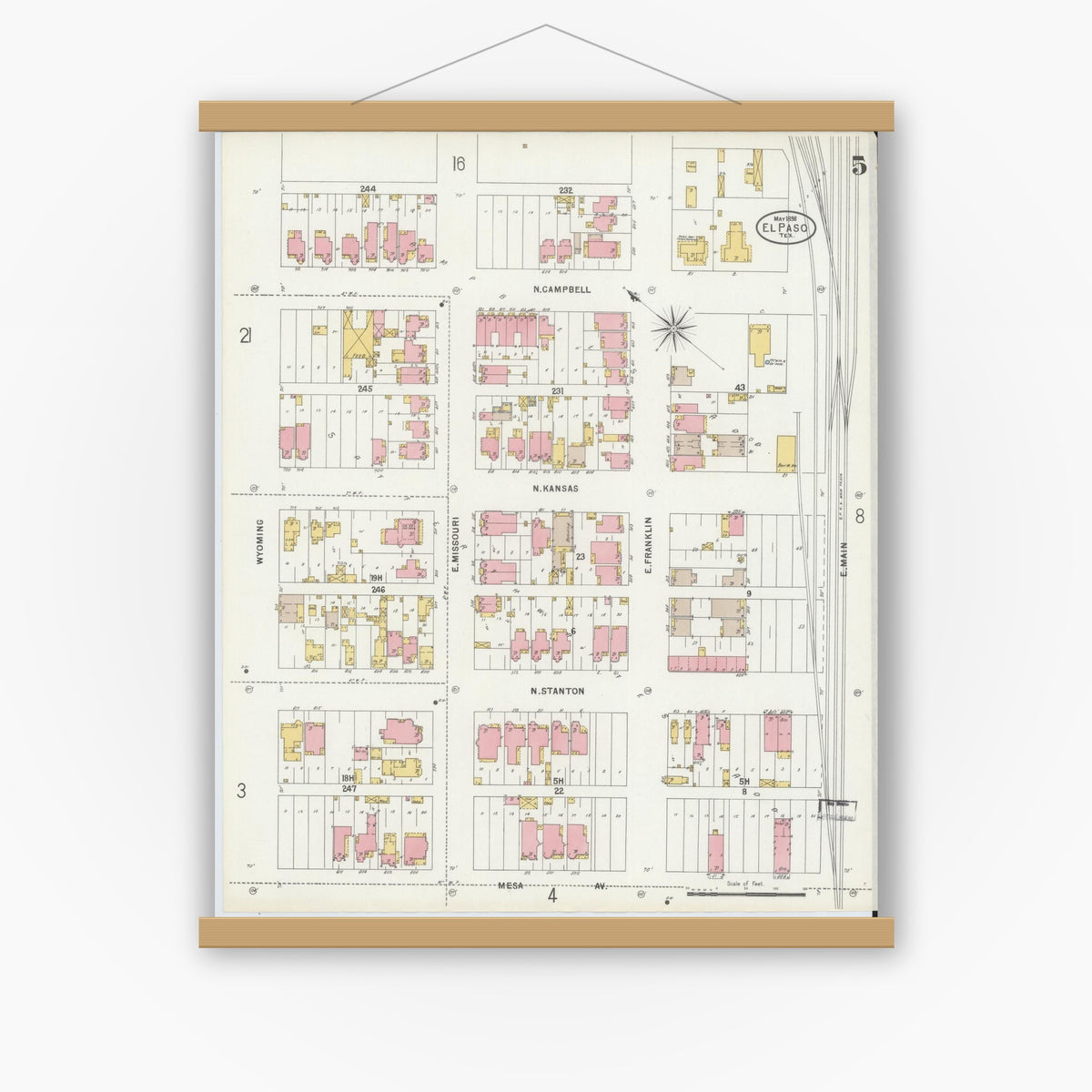 Old map wall art mockup — magnetic wood frame on white wall — Sanborn Fire Insurance Map from El Paso, El Paso County, Texas (1898), Sheet #0005