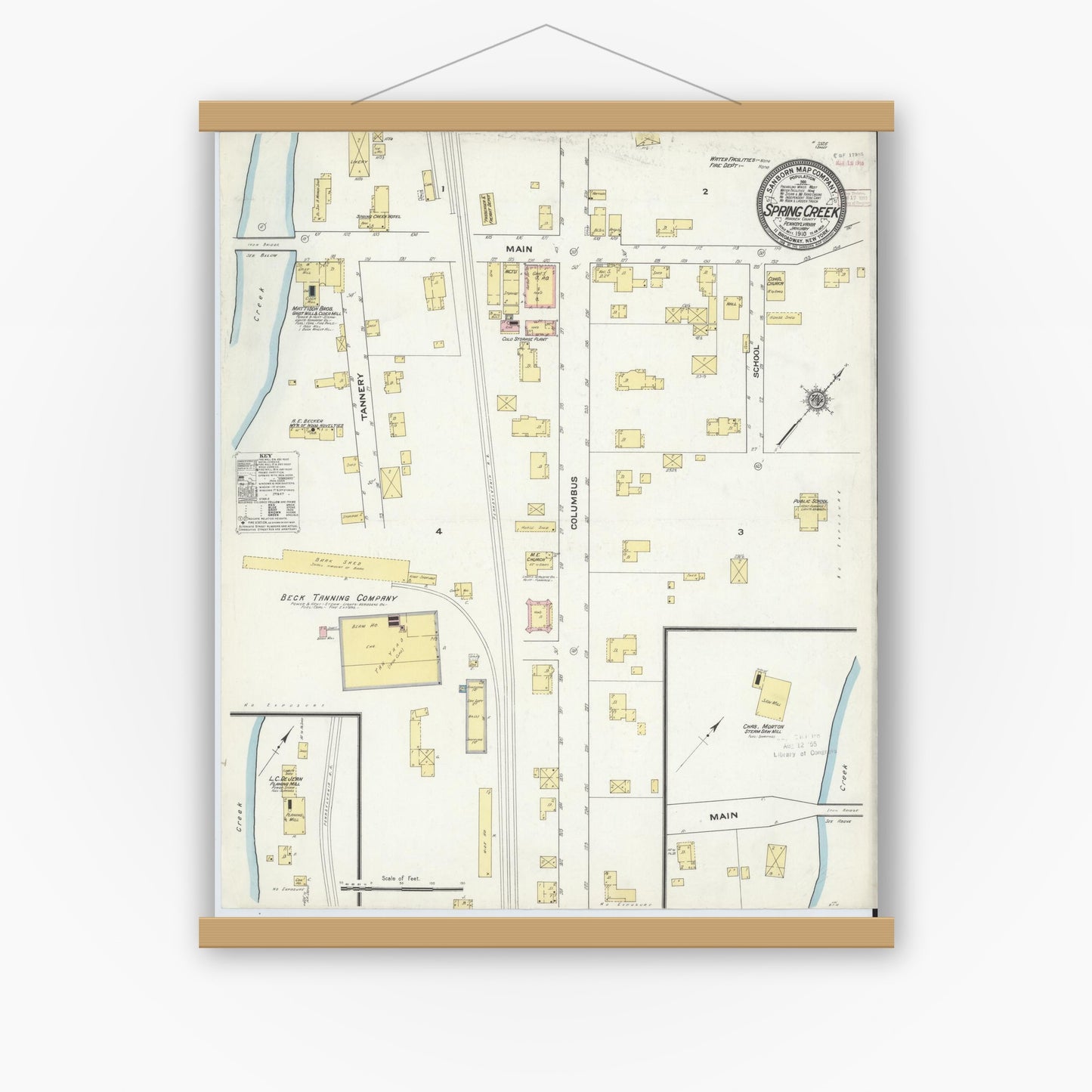 Old map wall art mockup — magnetic wood frame on white wall — Sanborn Fire Insurance Map from Spring Creek, Warren County, Pennsylvania (1910), Sheet #0001