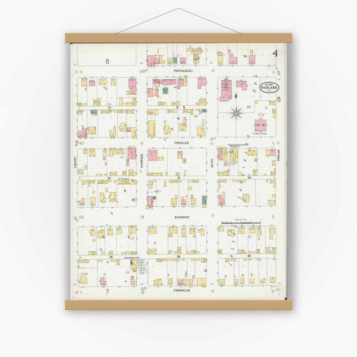 Old map wall art mockup — magnetic wood frame on white wall — Sanborn Fire Insurance Map from Highland, Madison County, Illinois (1899), Sheet #0004