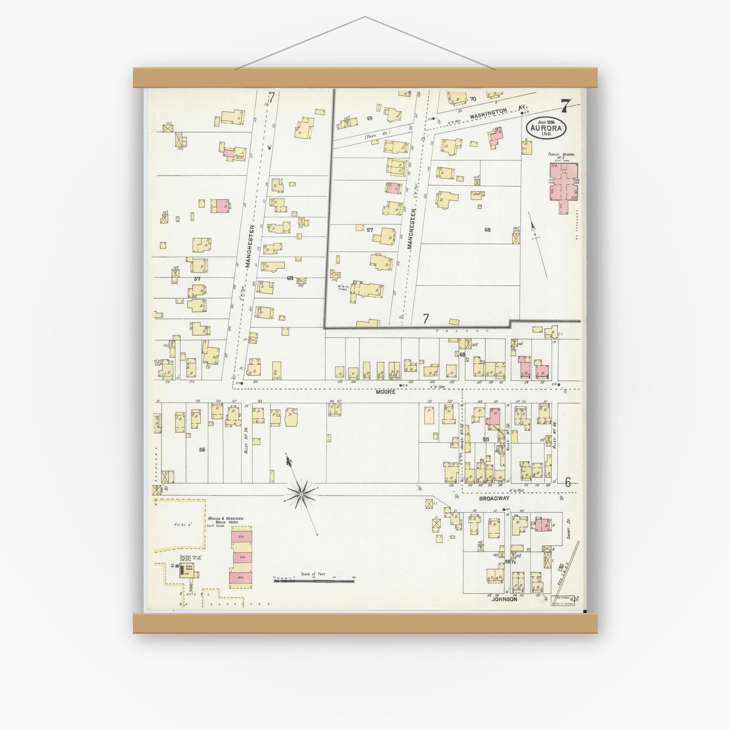Old map wall art mockup — magnetic wood frame on white wall — Sanborn Fire Insurance Map from Aurora, Dearborn County, Indiana (1906), Sheet #0007