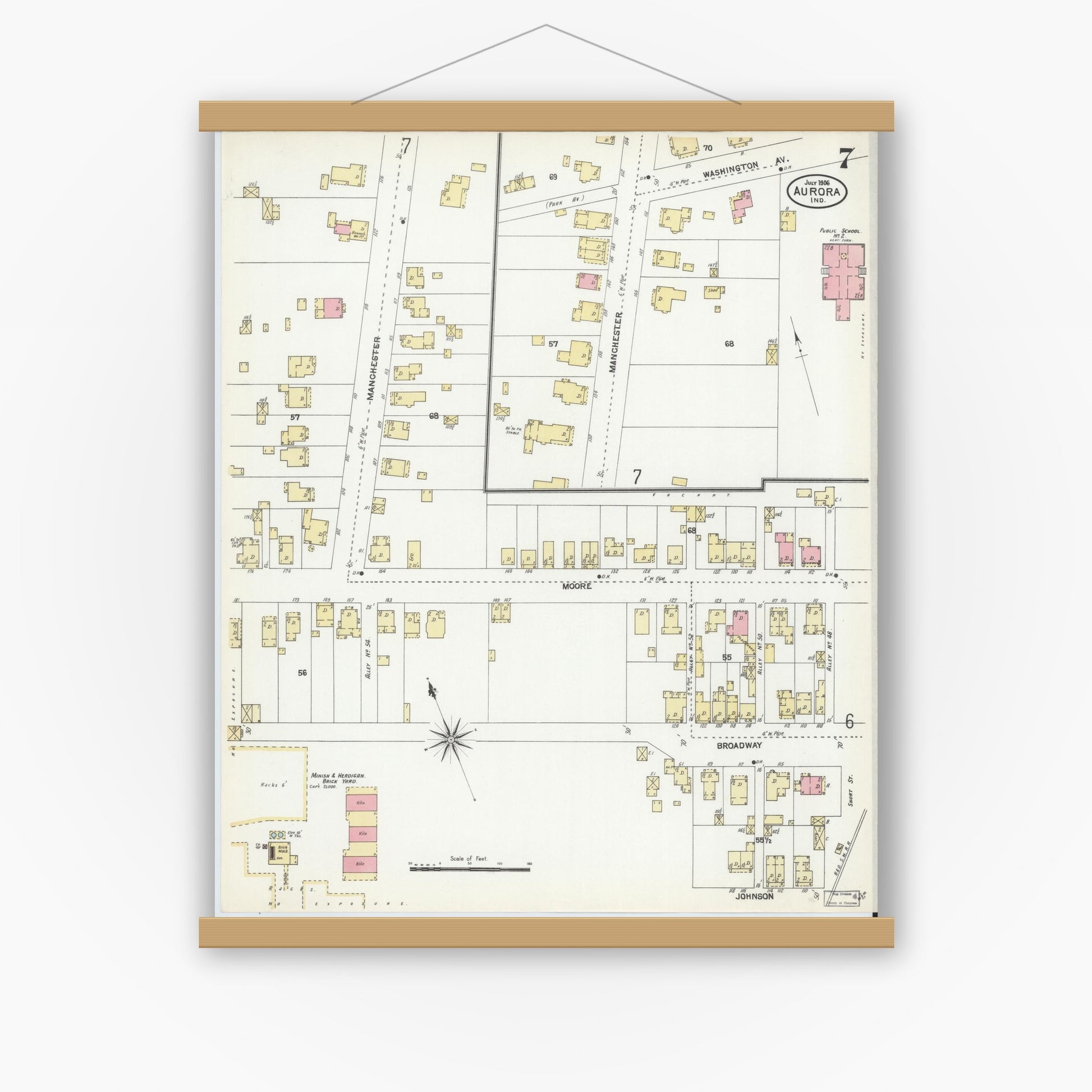 Old map wall art mockup — magnetic wood frame on white wall — Sanborn Fire Insurance Map from Aurora, Dearborn County, Indiana (1906), Sheet #0007