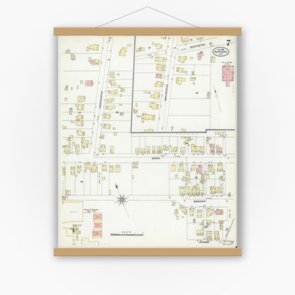 Old map wall art mockup — magnetic wood frame on white wall — Sanborn Fire Insurance Map from Aurora, Dearborn County, Indiana (1906), Sheet #0007