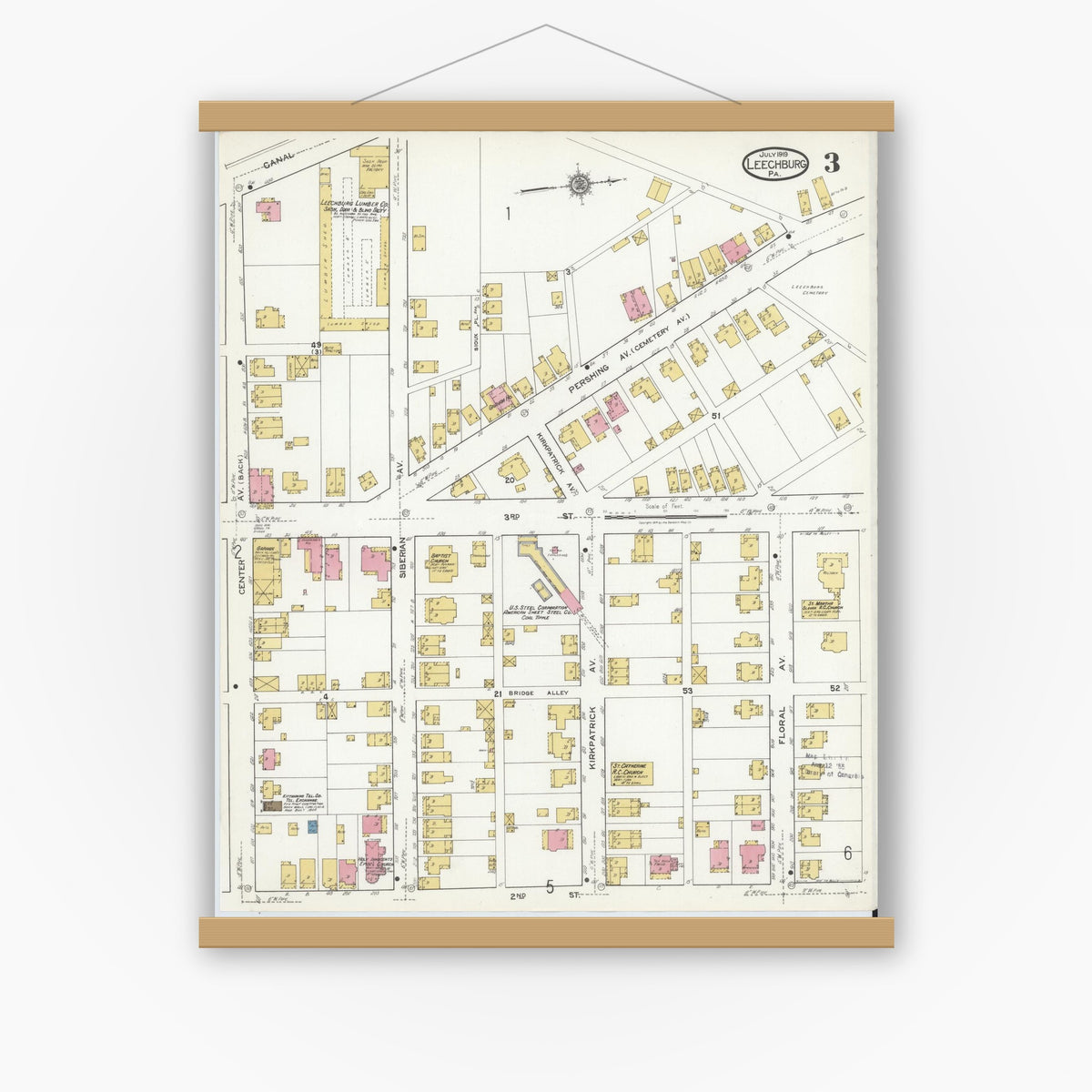 Old map wall art mockup — magnetic wood frame on white wall — Sanborn Fire Insurance Map from Leechburg, Armstrong County, Pennsylvania (1919), Sheet #0003