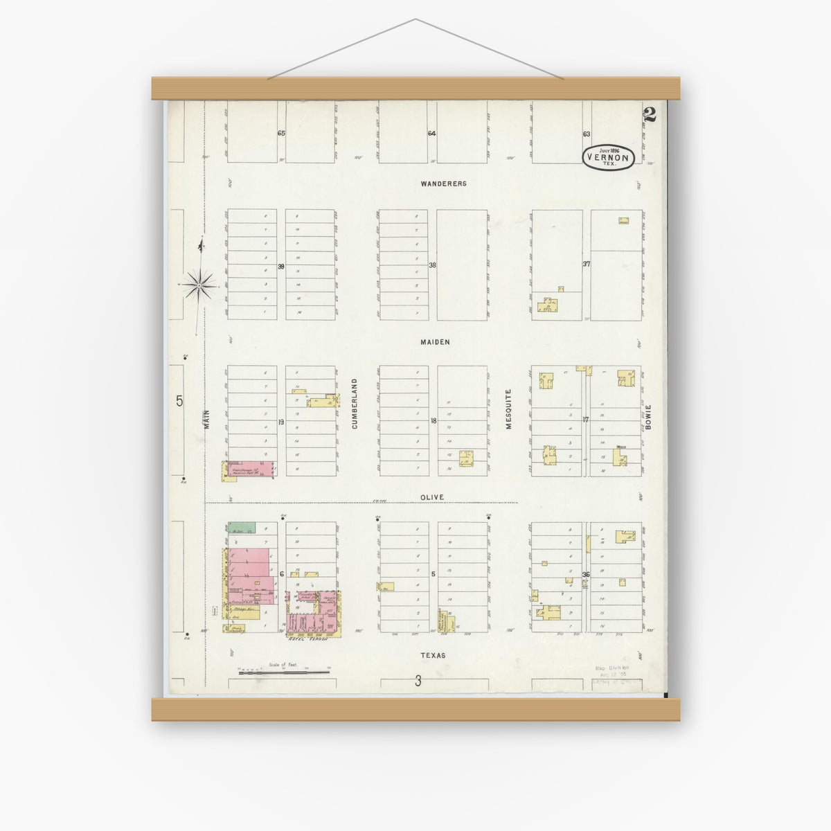 Old map wall art mockup — magnetic wood frame on white wall — Sanborn Fire Insurance Map from Vernon, Wilbarger County, Texas (1896), Sheet #0002