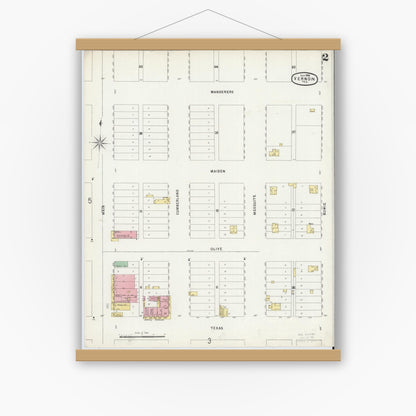 Old map wall art mockup — magnetic wood frame on white wall — Sanborn Fire Insurance Map from Vernon, Wilbarger County, Texas (1896), Sheet #0002