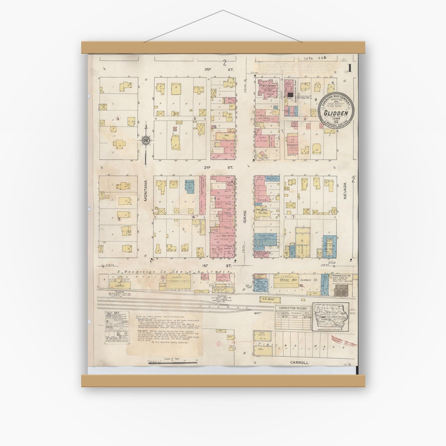 Old map wall art mockup — magnetic wood frame on white wall — Sanborn Fire Insurance Map from Glidden, Carroll County, Iowa (1933) â€” Complete Set