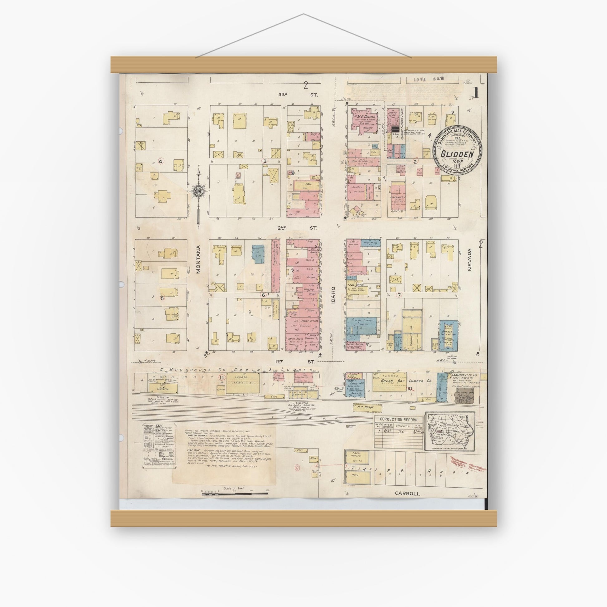 Old map wall art mockup — magnetic wood frame on white wall — Sanborn Fire Insurance Map from Glidden, Carroll County, Iowa (1933) â€” Complete Set