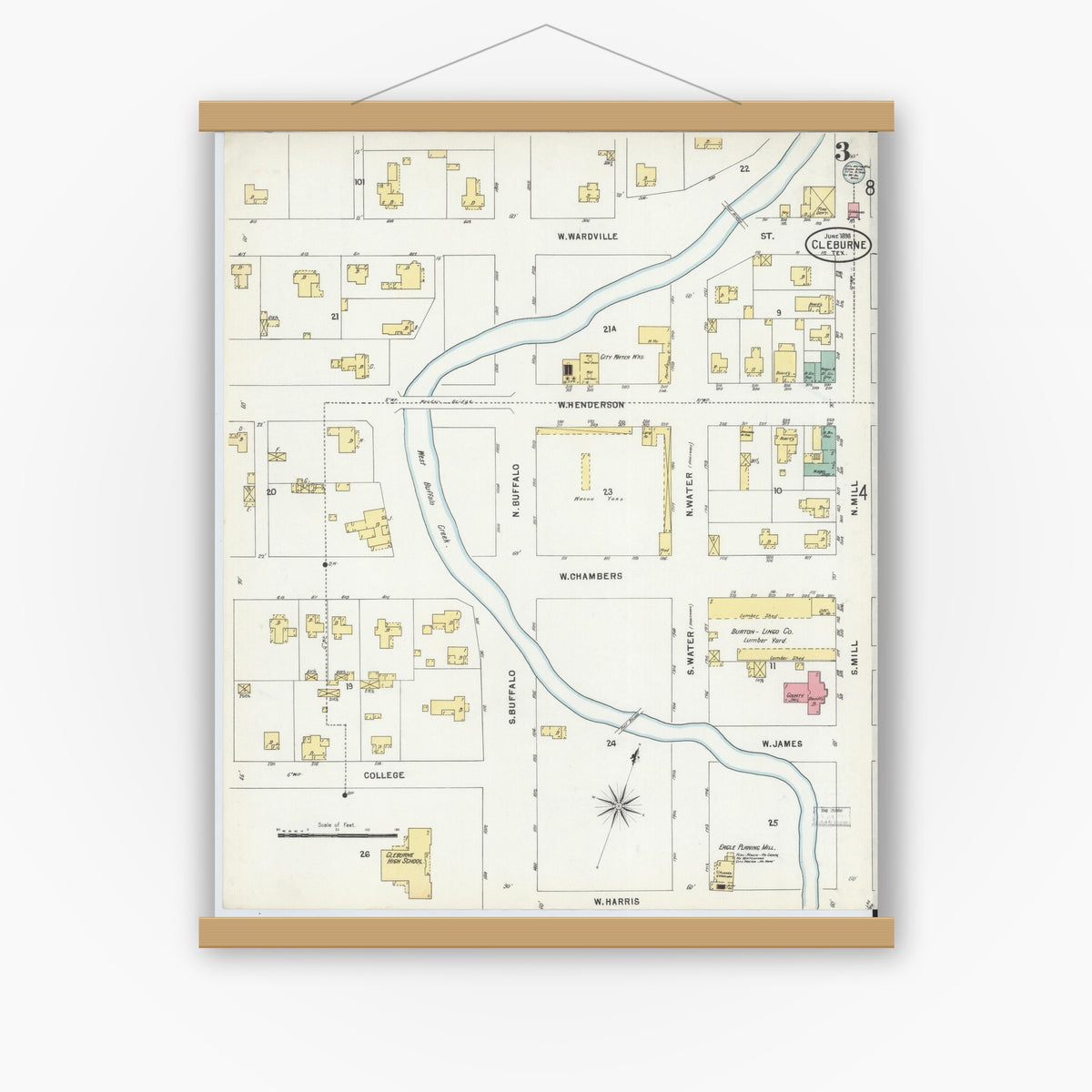 Old map wall art mockup — magnetic wood frame on white wall — Sanborn Fire Insurance Map from Cleburne, Johnson County, Texas (1898), Sheet #0003