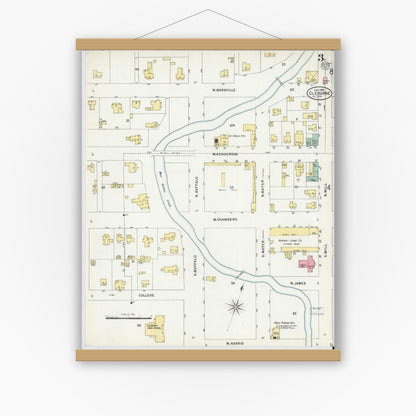 Old map wall art mockup — magnetic wood frame on white wall — Sanborn Fire Insurance Map from Cleburne, Johnson County, Texas (1898), Sheet #0003