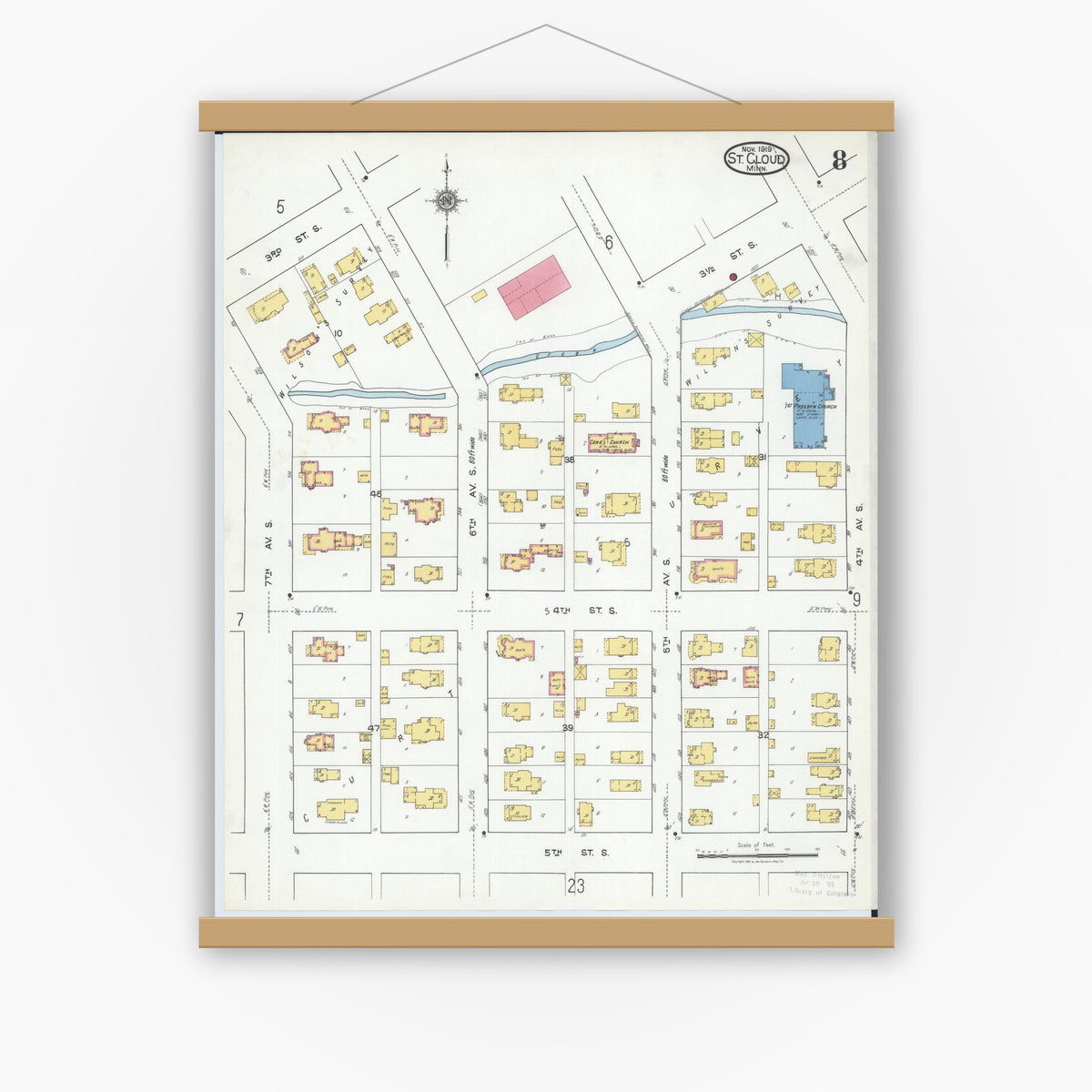 Old map wall art mockup — magnetic wood frame on white wall — Sanborn Fire Insurance Map from Saint Cloud, Stearns, Benton, and Sherburne Counties, Minnesota (1919), Sheet #0008