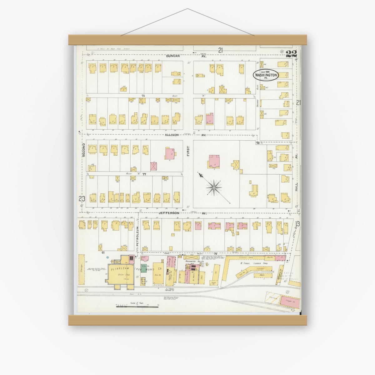 Old map wall art mockup — magnetic wood frame on white wall — Sanborn Fire Insurance Map from Washington, Washington County, Pennsylvania (1904), Sheet #0022