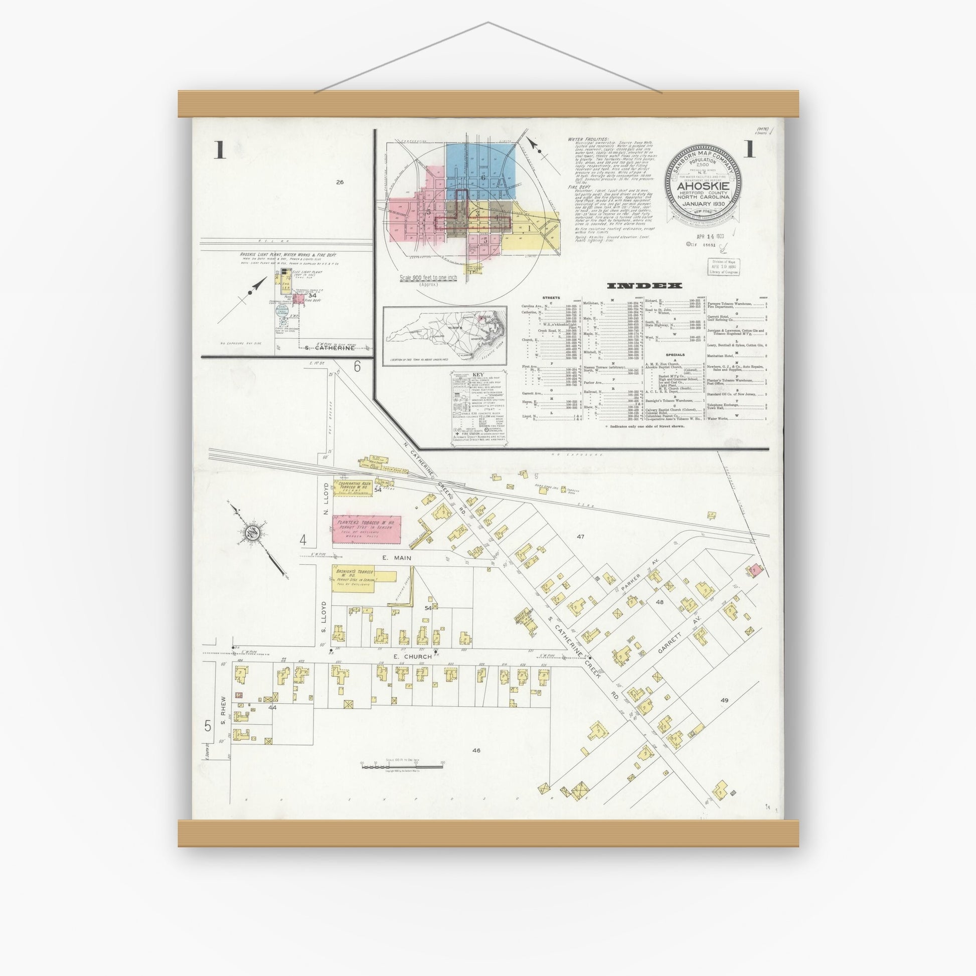 Old map wall art mockup — magnetic wood frame on white wall — Sanborn Fire Insurance Map from Ahoskie, Hertford County, North Carolina (1930), Sheet #0001