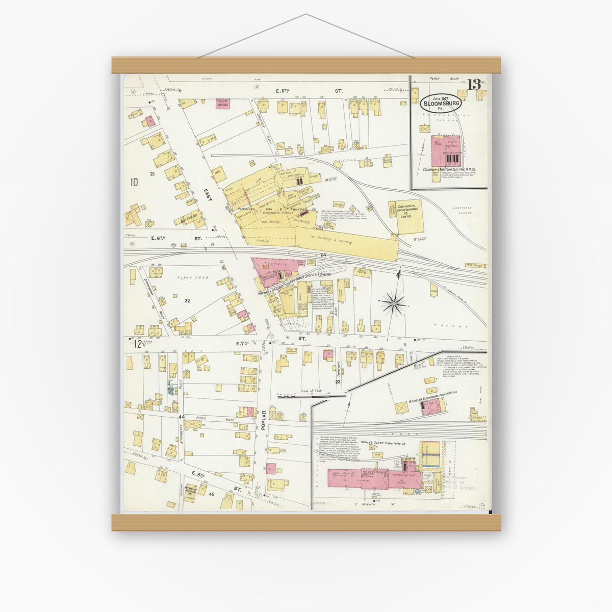 Old map wall art mockup — magnetic wood frame on white wall — Sanborn Fire Insurance Map from Bloomsburg, Columbia County, Pennsylvania (1907), Sheet #0013