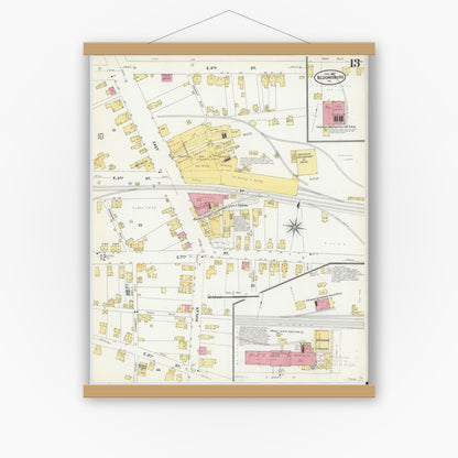 Old map wall art mockup — magnetic wood frame on white wall — Sanborn Fire Insurance Map from Bloomsburg, Columbia County, Pennsylvania (1907), Sheet #0013
