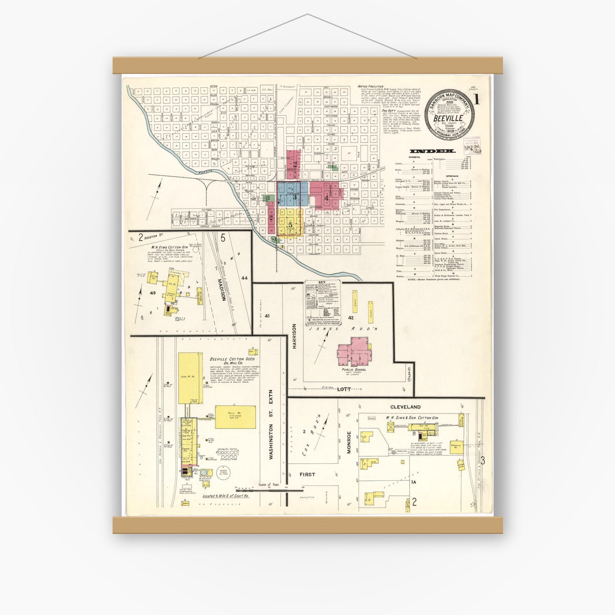 Old map wall art mockup — magnetic wood frame on white wall — Sanborn Fire Insurance Map from Beeville, Bee County, Texas (1909), Sheet #0001