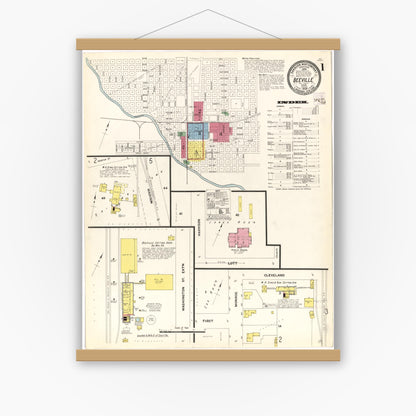 Old map wall art mockup — magnetic wood frame on white wall — Sanborn Fire Insurance Map from Beeville, Bee County, Texas (1909), Sheet #0001