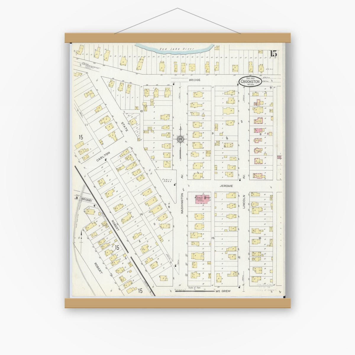 Old map wall art mockup — magnetic wood frame on white wall — Sanborn Fire Insurance Map from Crookston, Polk County, Minnesota (1913), Sheet #0015