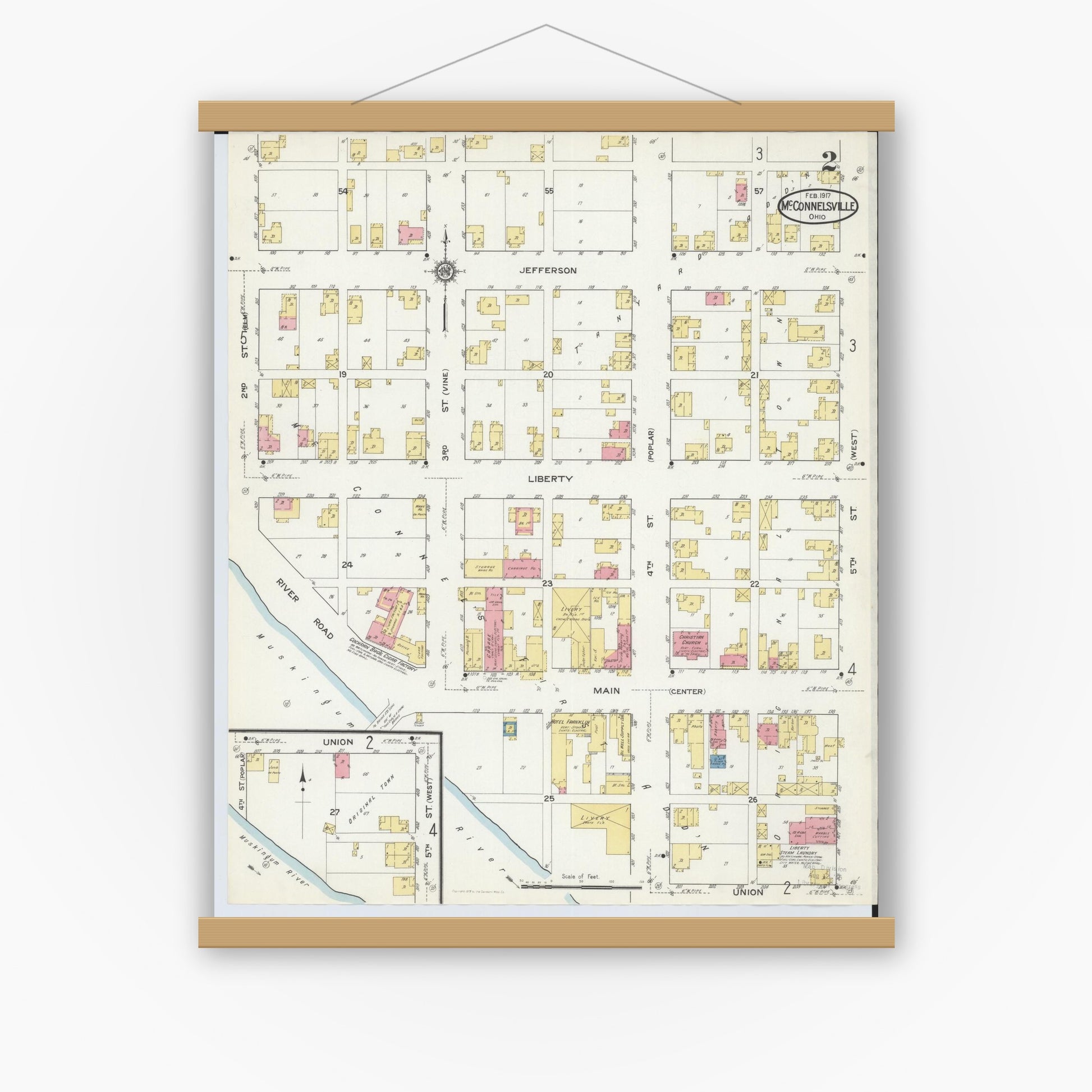 Old map wall art mockup — magnetic wood frame on white wall — Sanborn Fire Insurance Map from McConnelsville, Morgan County, Ohio (1917), Sheet #0002