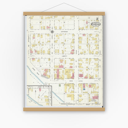 Old map wall art mockup — magnetic wood frame on white wall — Sanborn Fire Insurance Map from McConnelsville, Morgan County, Ohio (1917), Sheet #0002