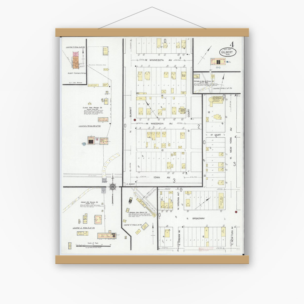 Old map wall art mockup — magnetic wood frame on white wall — Sanborn Fire Insurance Map from Gilbert, Saint Louis County, Minnesota (1921), Sheet #0004