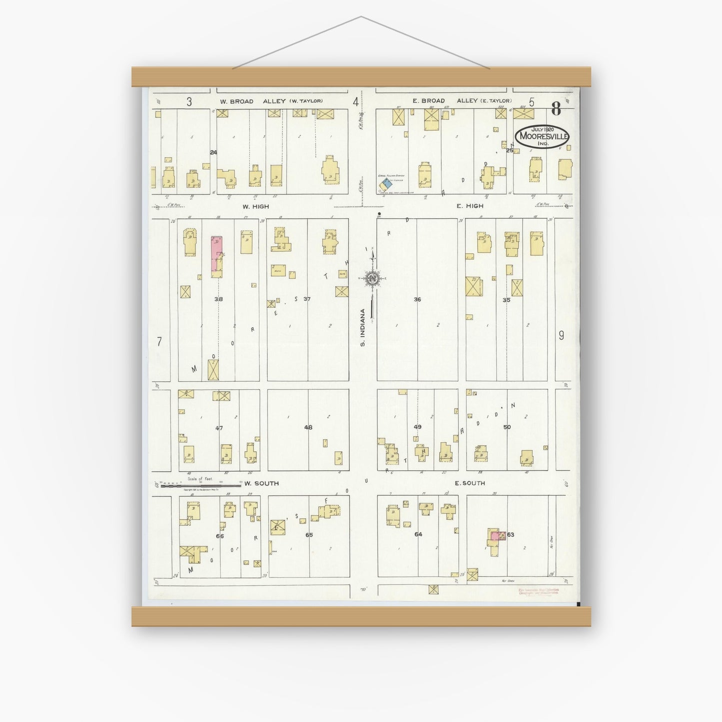 Old map wall art mockup — magnetic wood frame on white wall — Sanborn Fire Insurance Map from Mooresville, Morgan County, Indiana (1920), Sheet #0008