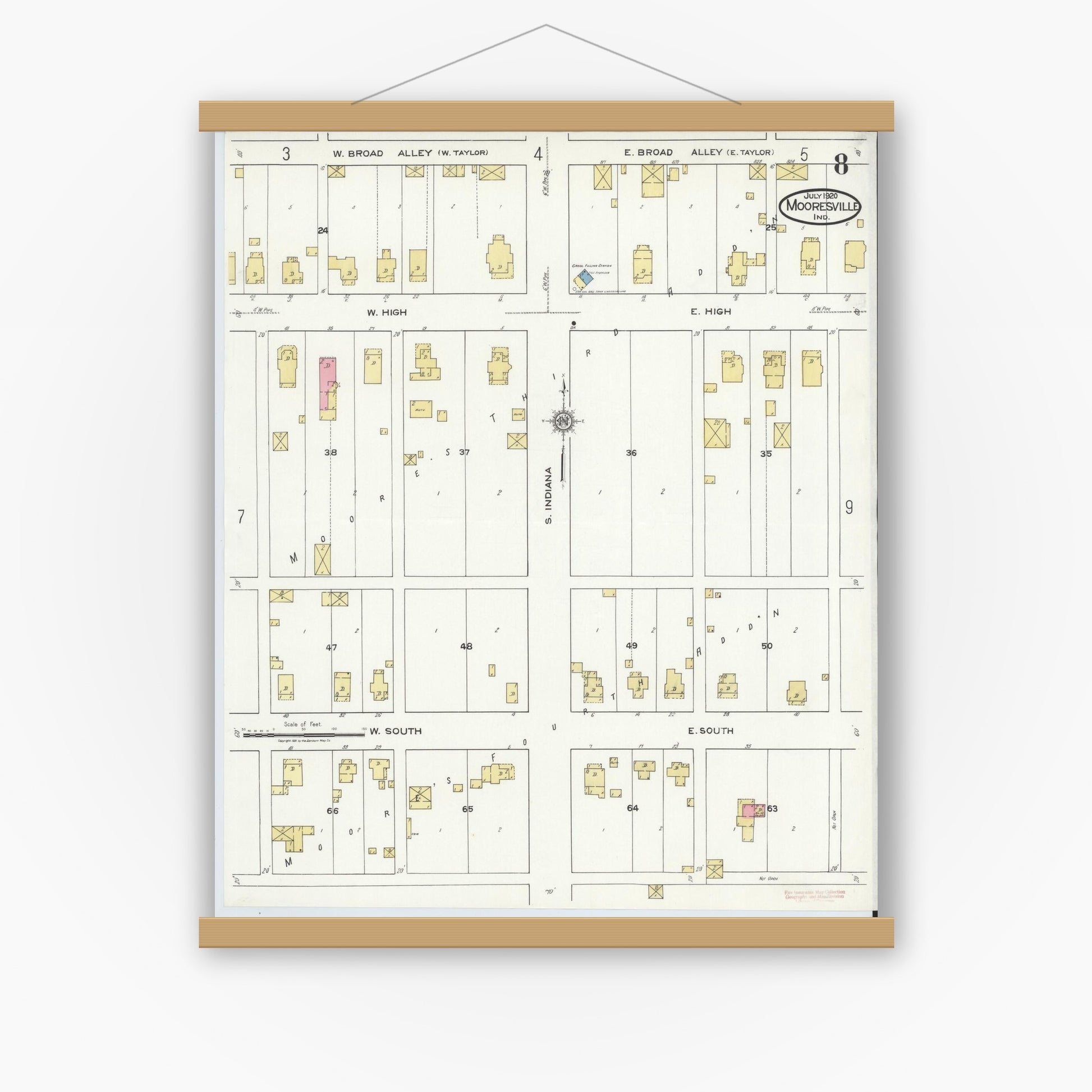 Old map wall art mockup — magnetic wood frame on white wall — Sanborn Fire Insurance Map from Mooresville, Morgan County, Indiana (1920), Sheet #0008