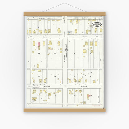 Old map wall art mockup — magnetic wood frame on white wall — Sanborn Fire Insurance Map from Mooresville, Morgan County, Indiana (1920), Sheet #0008