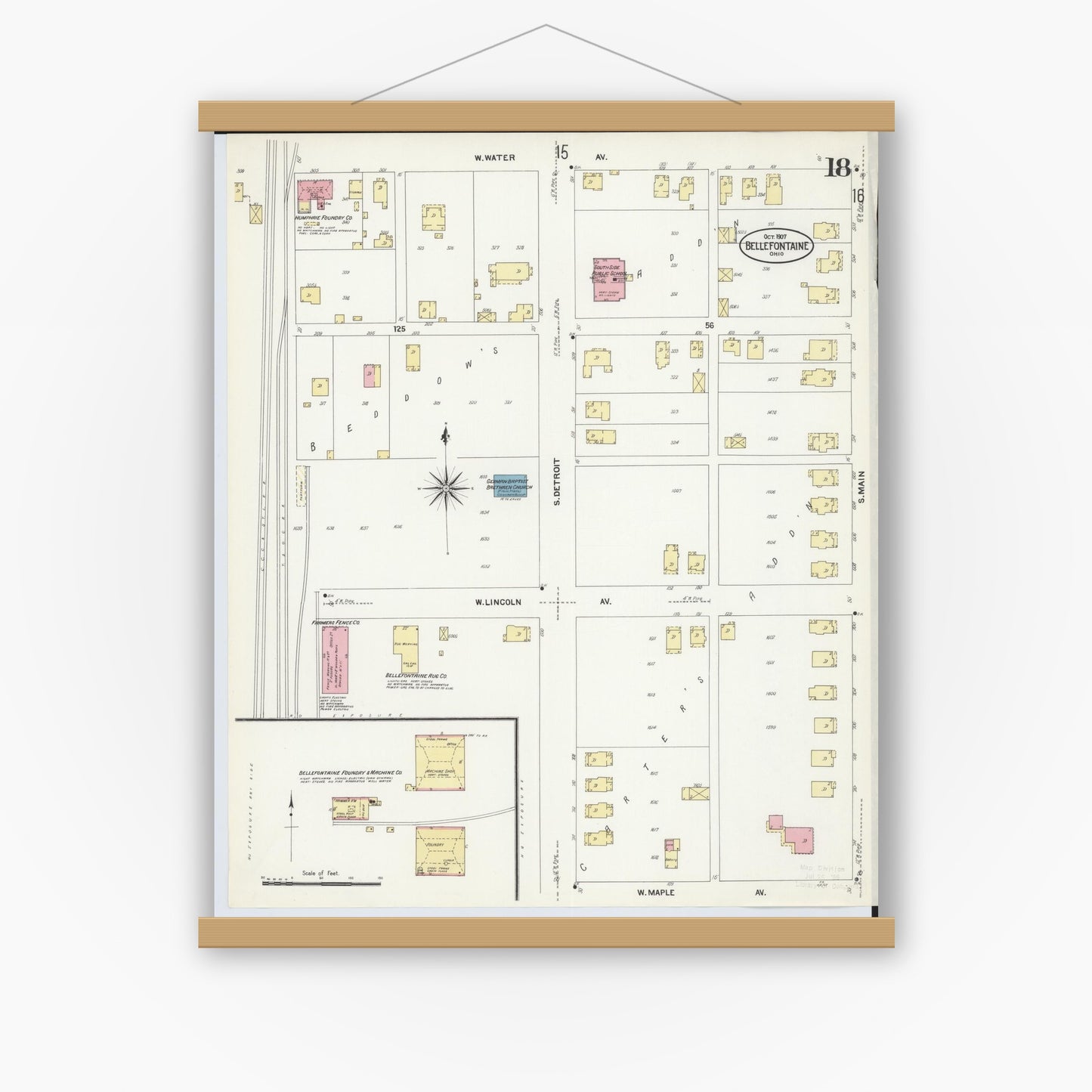 Old map wall art mockup — magnetic wood frame on white wall — Sanborn Fire Insurance Map from Bellefontaine, Logan County, Ohio (1907), Sheet #0018