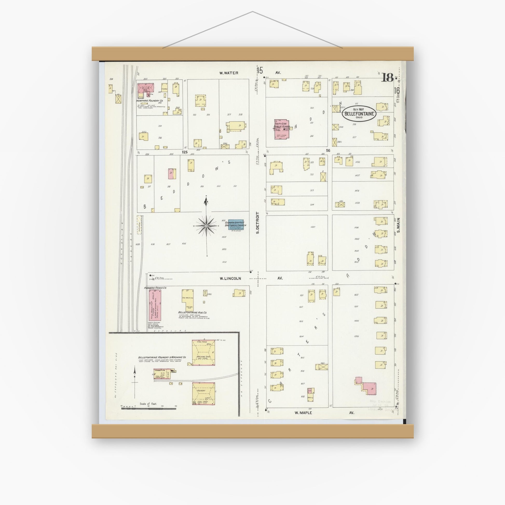 Old map wall art mockup — magnetic wood frame on white wall — Sanborn Fire Insurance Map from Bellefontaine, Logan County, Ohio (1907), Sheet #0018