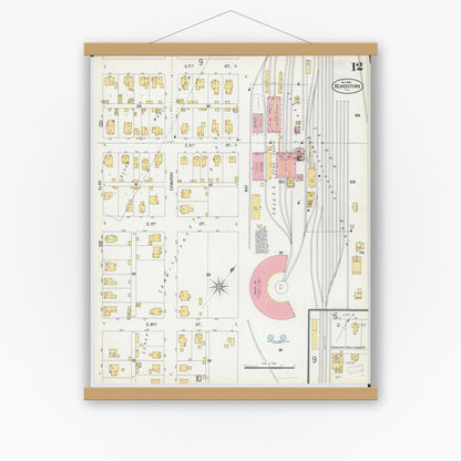 Old map wall art mockup — magnetic wood frame on white wall — Sanborn Fire Insurance Map from Beardstown, Cass County, Illinois (1900), Sheet #0012