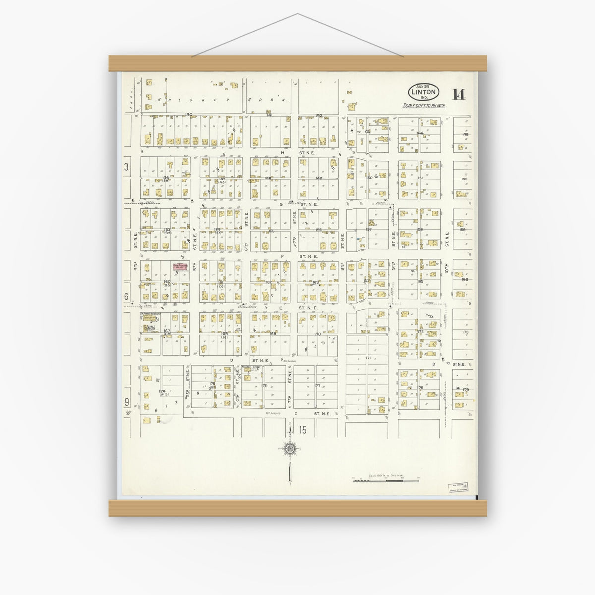 Old map wall art mockup — magnetic wood frame on white wall — Sanborn Fire Insurance Map from Linton, Greene County, Indiana (1915), Sheet #0014